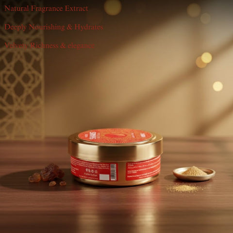 Hamidi Shams Edition Ambre Body Butter 250ML with rich, aromatic fragrance, showcasing creamy texture and nourishing skin benefits.