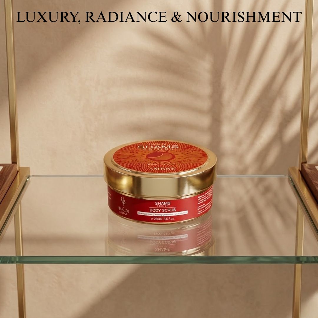 Hamidi Shams Edition Ambre Body Scrub in 250ml jar, featuring natural exfoliants for soft, smooth skin.