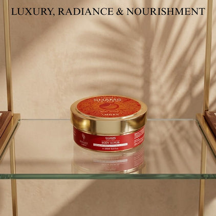 Hamidi Shams Edition Ambre Body Scrub in 250ml jar, featuring natural exfoliants for soft, smooth skin.