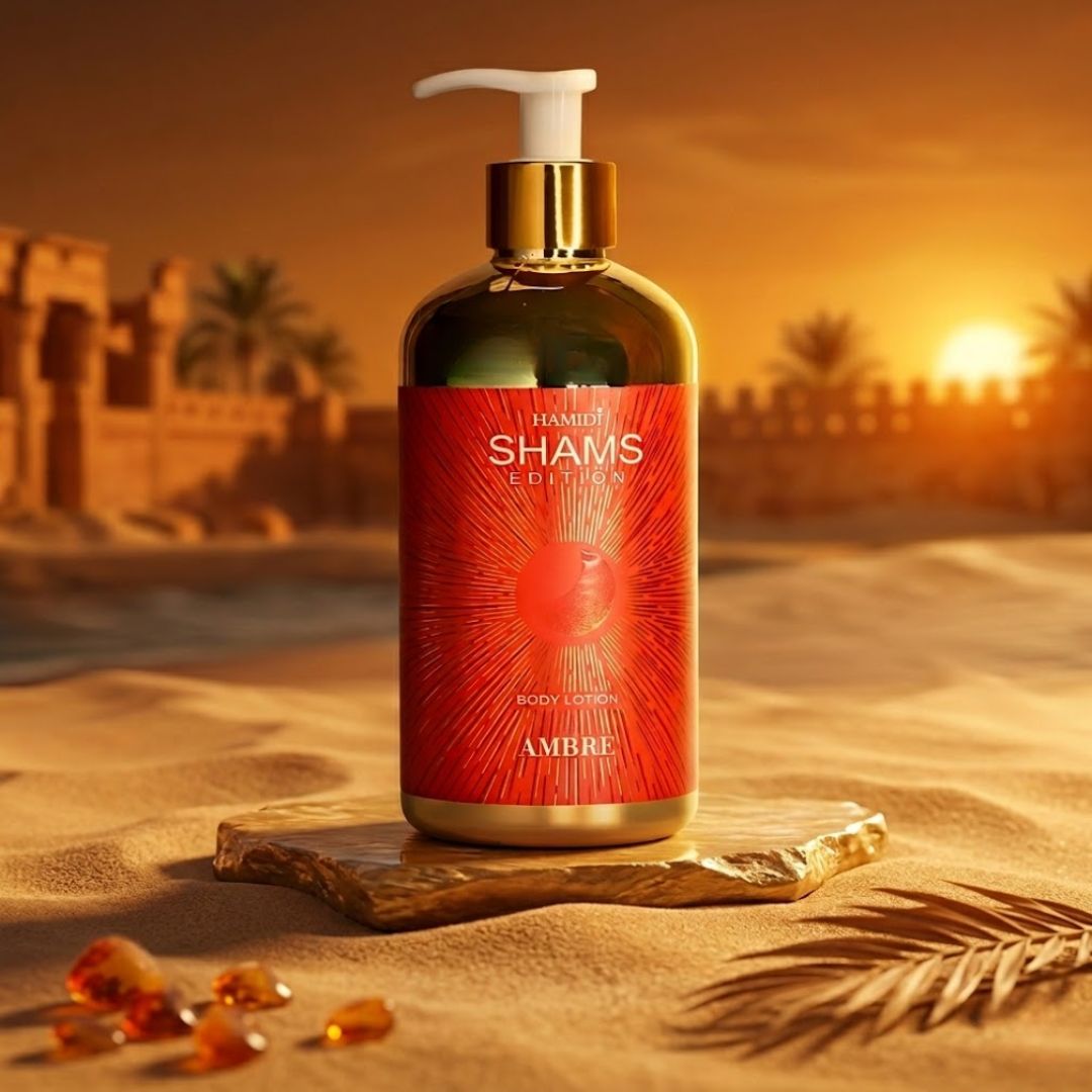 Hamidi Shams Edition Ambre Body Lotion 500ml with sweet fragrance, showing the moisturizing lotion bottle with a luxurious design.