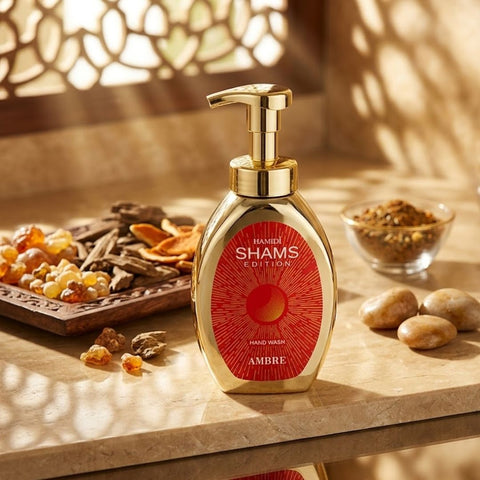 Hamidi Shams Edition Ambre Hand Wash 350ml bottle with elegant label and pump dispenser, showcasing its luxurious design.