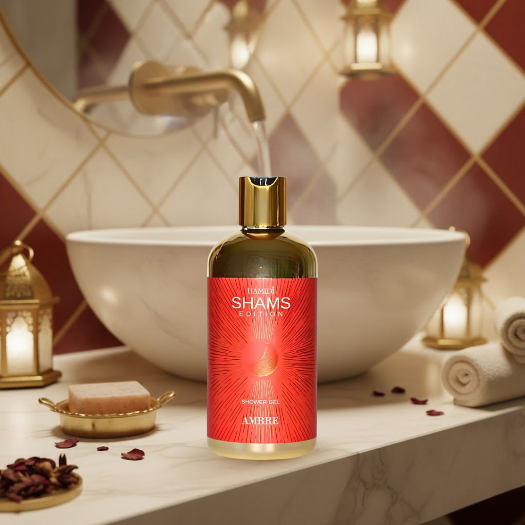 Hamidi Shams Edition Ambre shower gel bottle, 500ml, with a sleek design and label highlighting ultra moisturizing and skin-nourishing features.