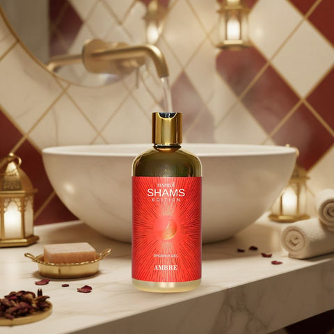 Hamidi Shams Edition Ambre shower gel bottle, 500ml, with a sleek design and label highlighting ultra moisturizing and skin-nourishing features.