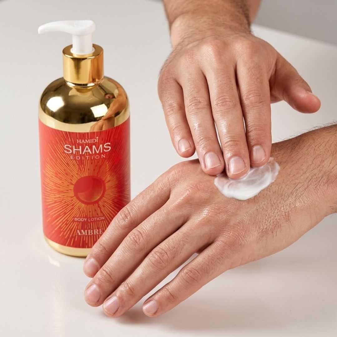 Hamidi Shams Edition Ambre Body Lotion 500ml bottle showing the moisturizing lotion with amber-colored liquid and elegant packaging.