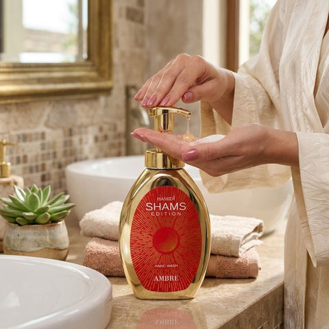 Hamidi Shams Edition Ambre Hand Wash bottle with elegant label, showcasing a luxurious, moisturizing hand wash for rejuvenated skin.