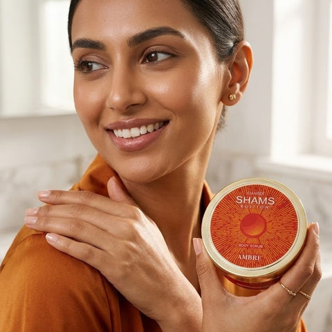 Hamidi Shams Edition Ambre Body Scrub in 250ML, natural exfoliant with amber scent for soft, smooth skin, shown in the image.
