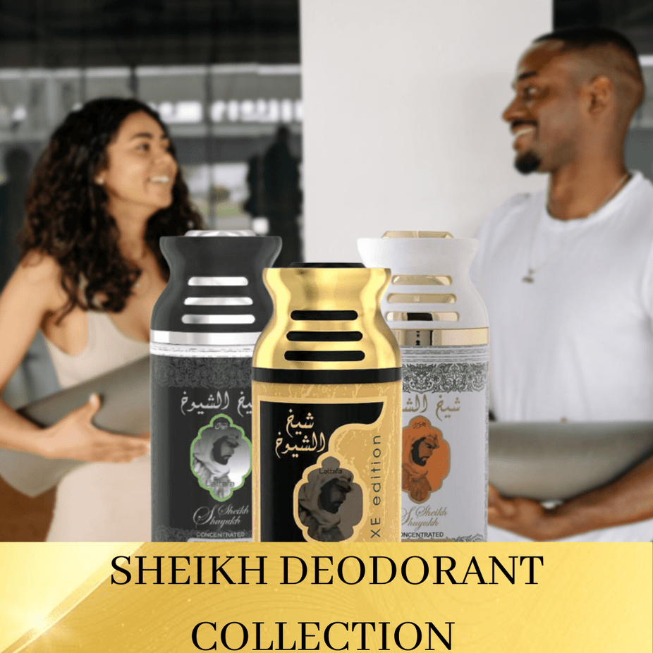 Lattafa Sheikh Al Shuyukh 3-piece unisex deodorant set with 250ml bottles, featuring luxe Khususi fragrance and elegant packaging.