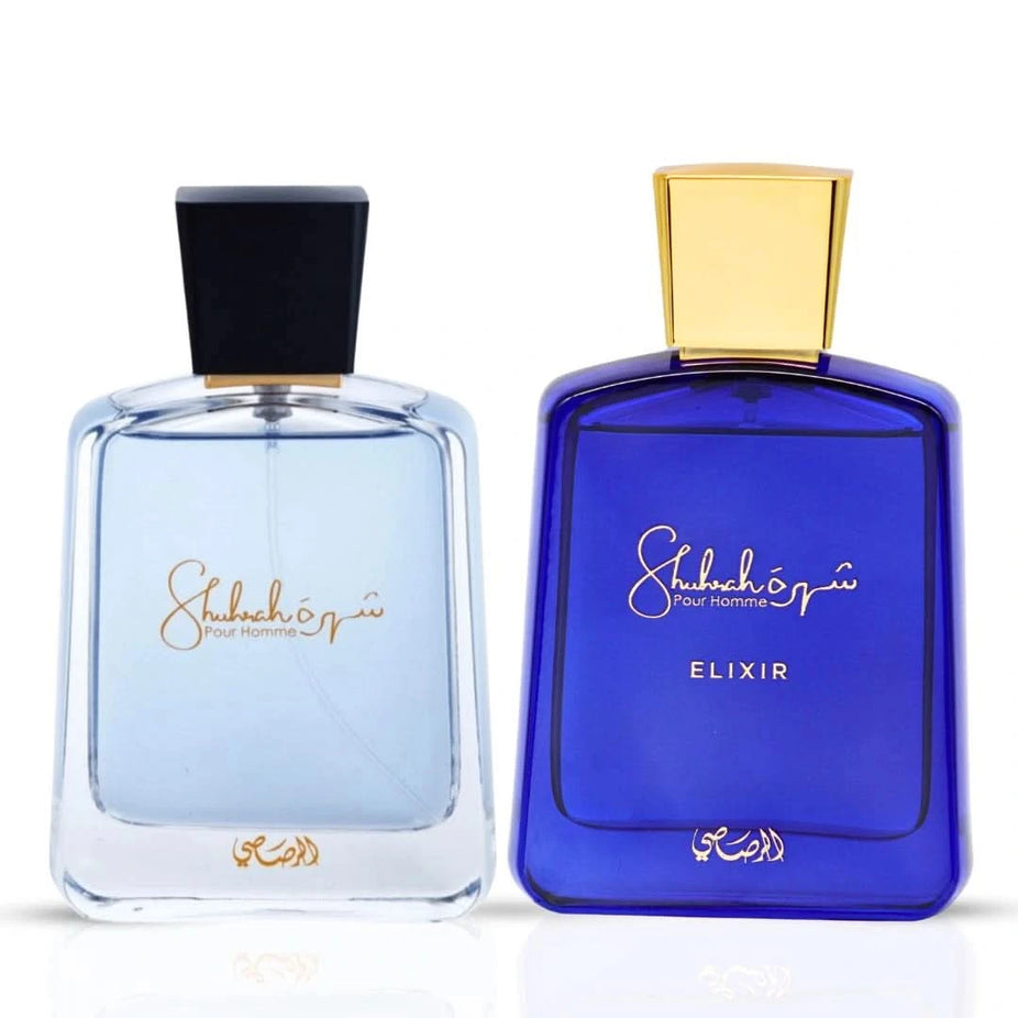 Rasasi Shuhrah Pour Homme and Shuhrah Elixir Pour Homme Eau de Parfum sprays in a 90ml bundle, featuring sleek bottle designs.