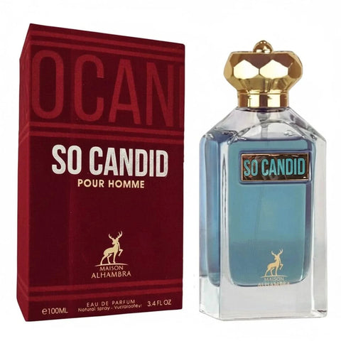 Maison Alhambra So Candid Pour Homme Eau de Parfum spray, 100ml bottle, featuring sleek design and modern masculine fragrance.