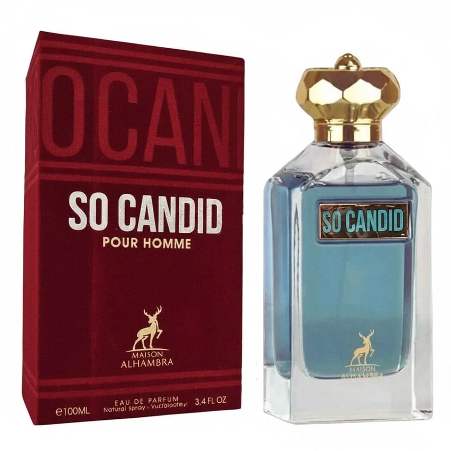 So Candid Pour Homme Eau de Parfum spray by Maison Alhambra, 100ml bottle, sleek design with a modern fragrance presentation.