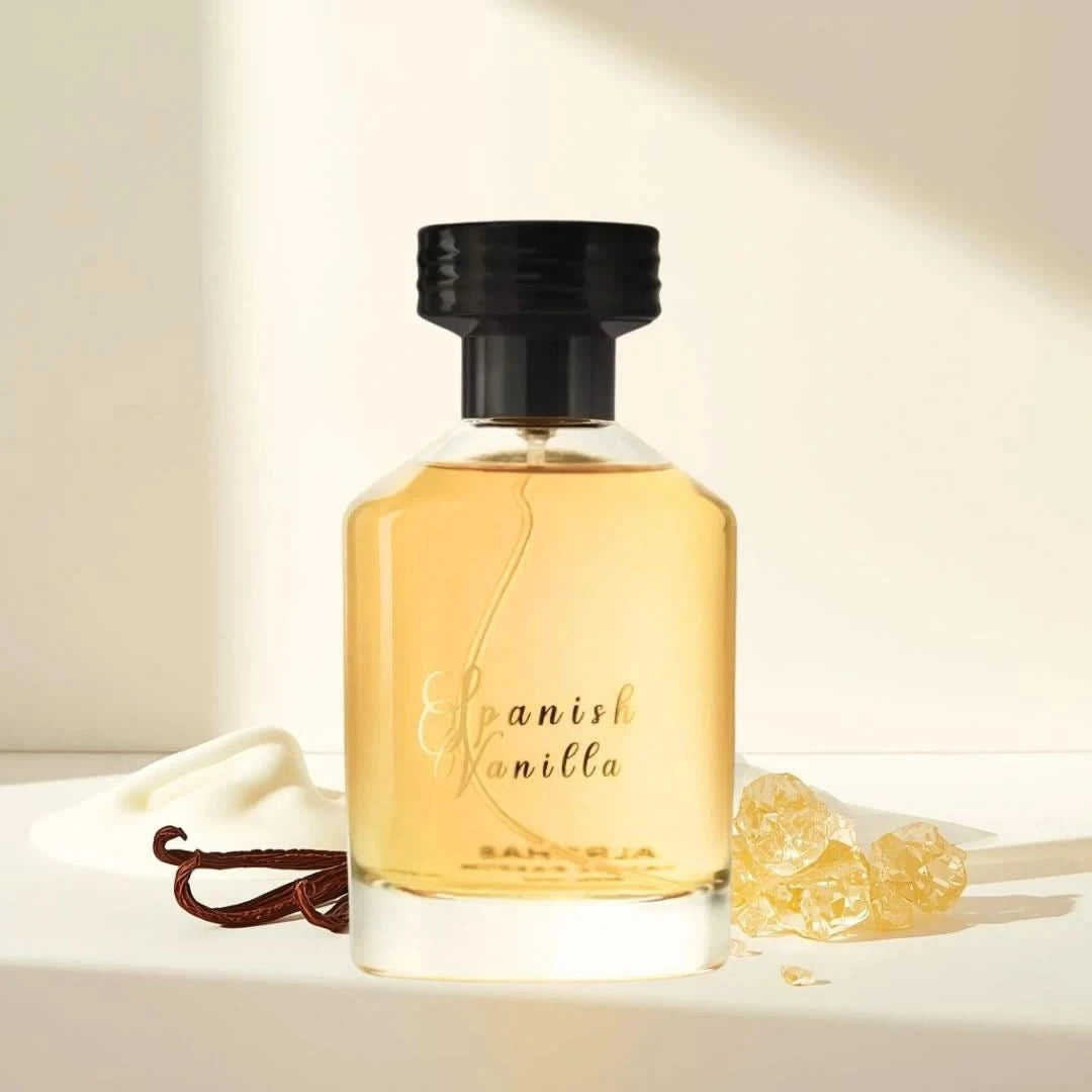 Al Rehab Spanish Vanilla Eau de Parfum spray in a 100ml bottle with a velvet pouch, showcasing the elegant fragrance packaging.
