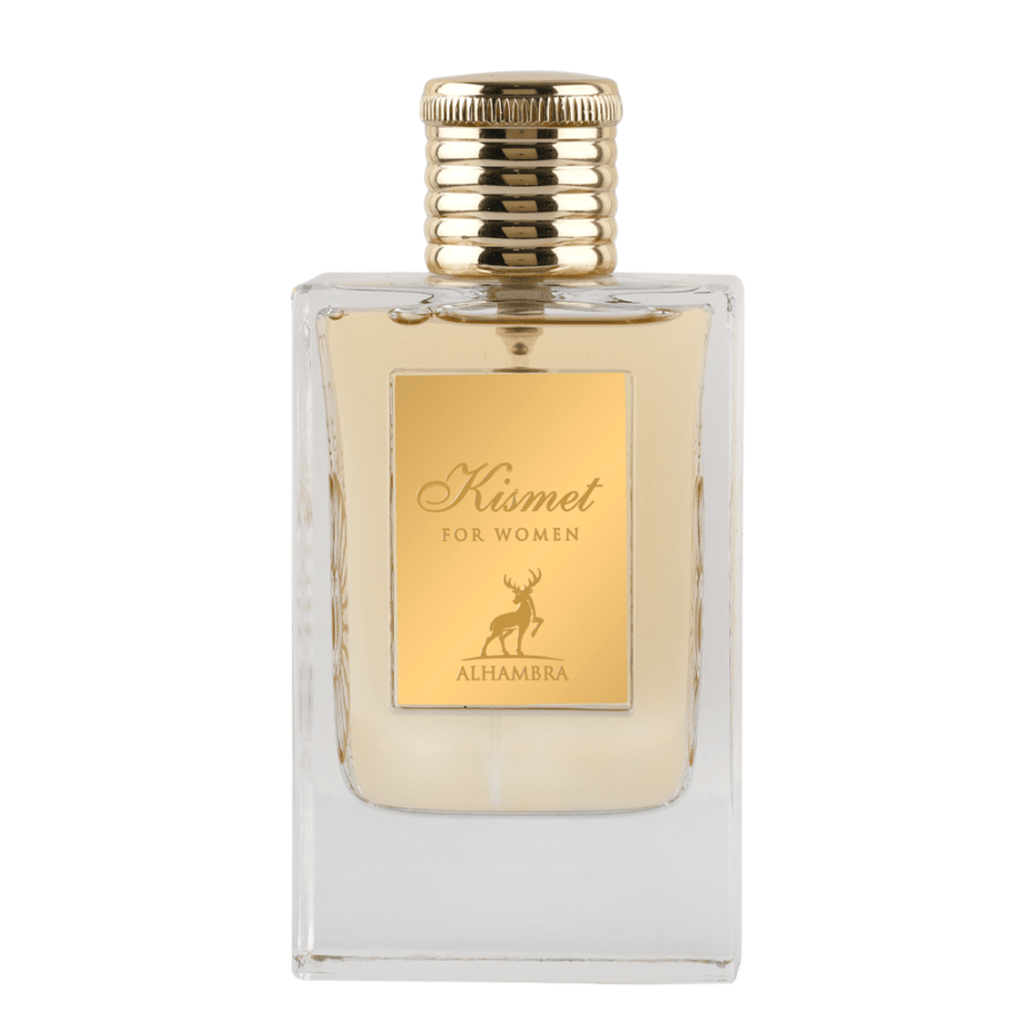 Maison Alhambra Kismet for Women Eau de Parfum spray in a velvet pouch, featuring elegant perfume bottle and branding details.