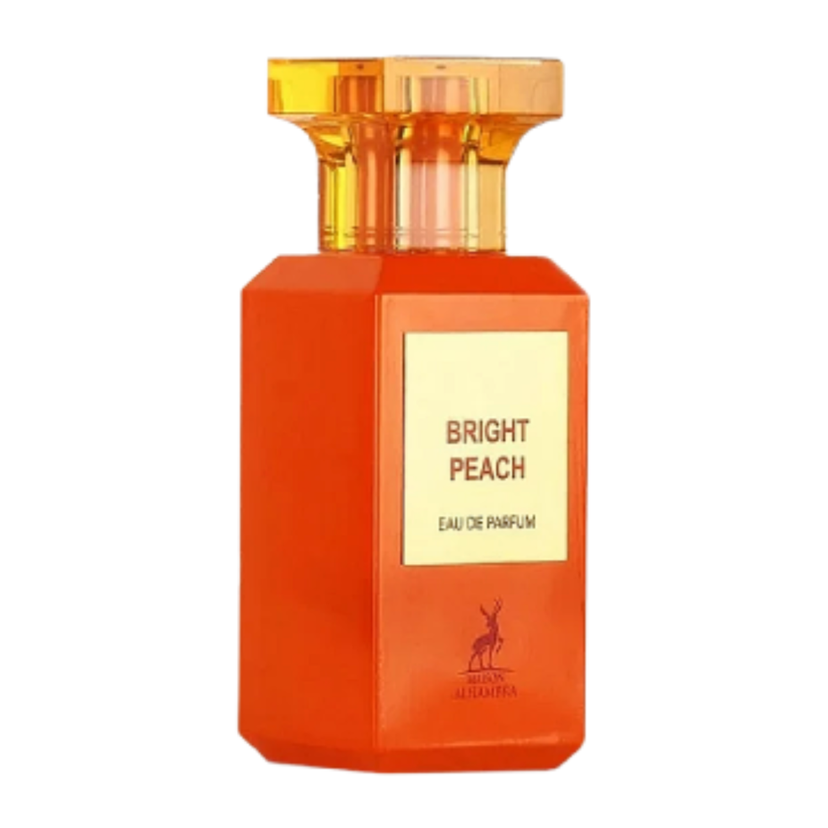 Maison Alhambra Bright Peach Eau de Parfum spray in an 80ml velvet pouch, featuring a sleek perfume bottle and elegant packaging.