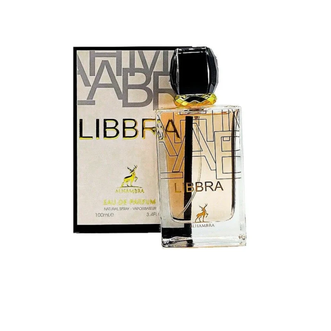 Maison Alhambra Libbra, Musk Vanille & La Vita Bella Eau de Parfum sprays in 100ml bundle, featuring elegant perfume bottles.