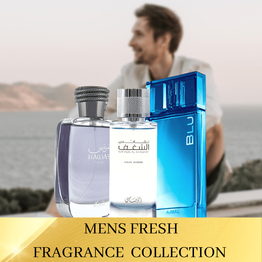 Fresh (3 Piece) EDP Collection | For Men | Shaghaf Men (3.4 oz), Hawas Men (3.4 oz), Blu Men (3.0 oz) - Intense oud