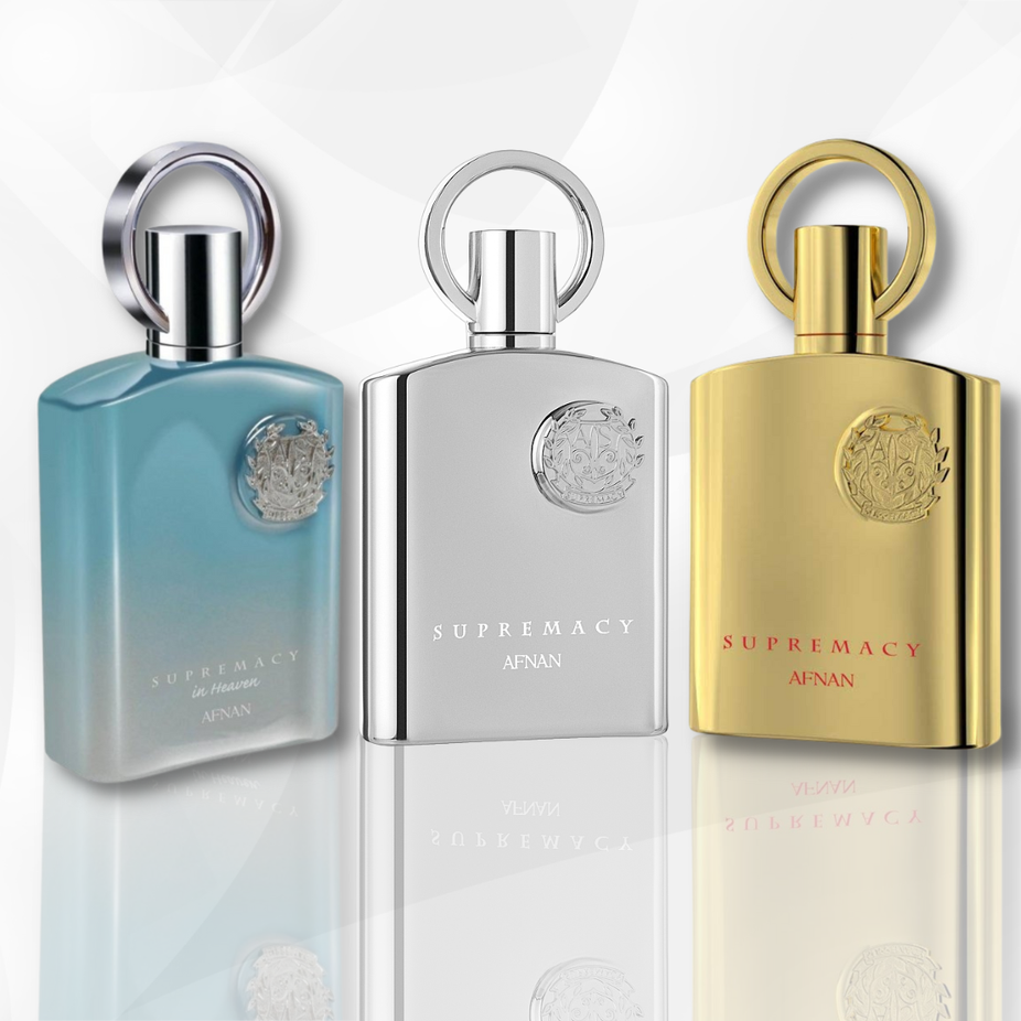 A bundle of Afnan Supremacy Gold, Silver, and Heaven Eau de Parfum sprays, featuring sleek bottles in a collection.