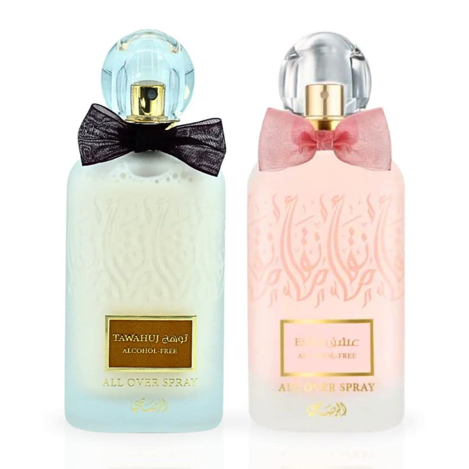 Bundle of Rasasi Tawahuj & Eshq alcohol-free Eau de Parfum sprays, 100ml each, featuring floral and woody scents.