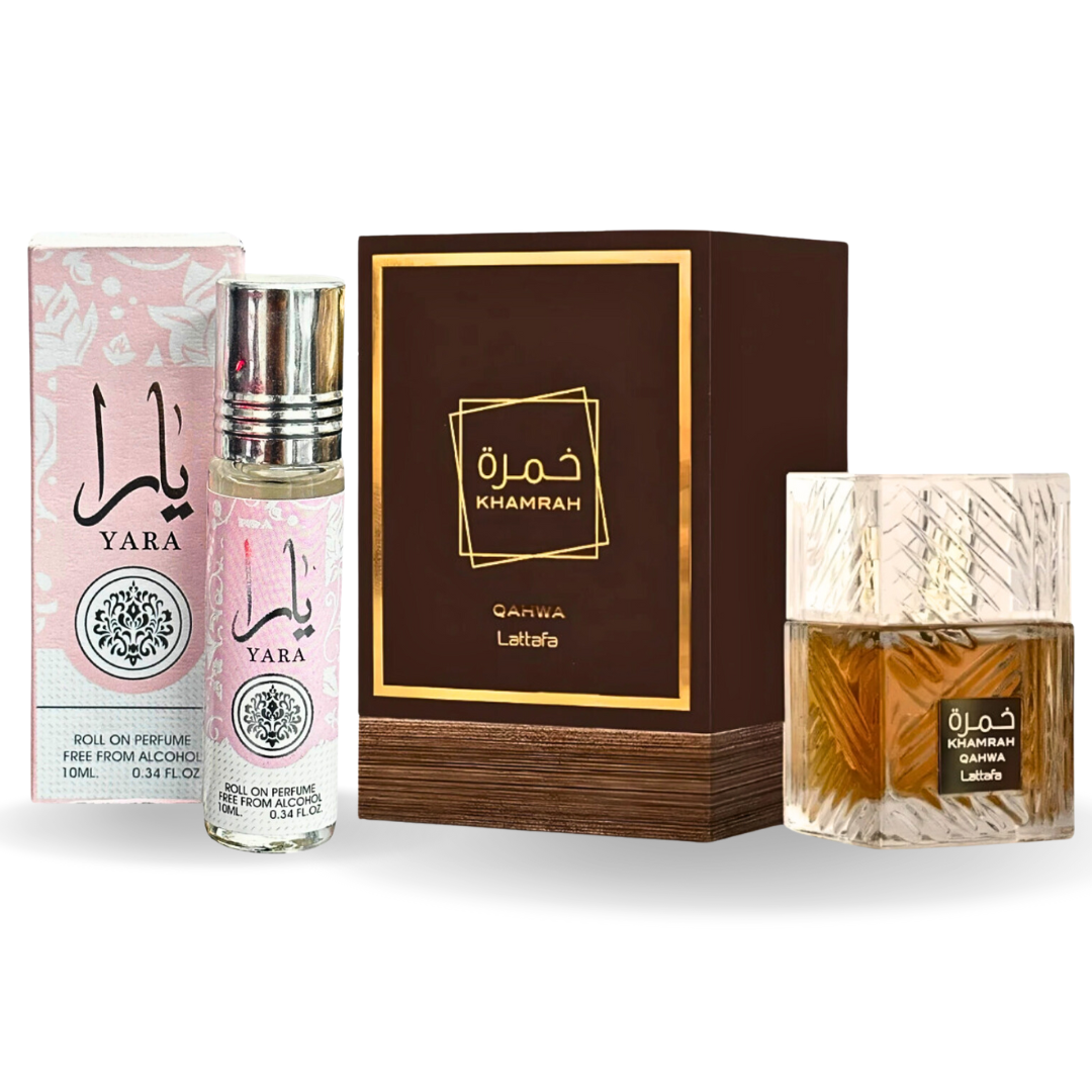 Khamrah Qahwa EDP 100ML by Lattafa & Yara Roll-On Perfume Oil CPO 10ML by Ard Al Zaafaran. (BUNDLE) - Intense Oud