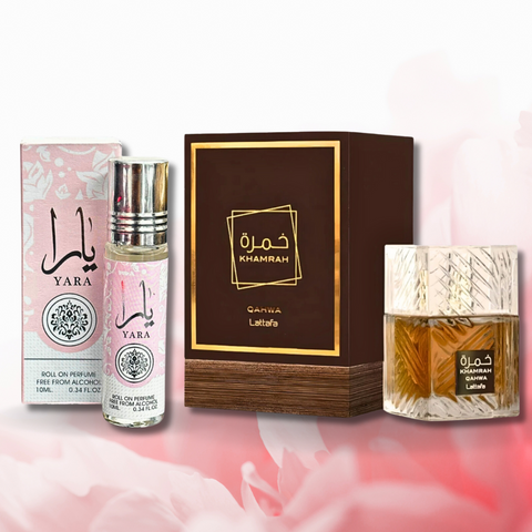 Khamrah Qahwa EDP 100ML by Lattafa & Yara Roll-On Perfume Oil CPO 10ML by Ard Al Zaafaran. (BUNDLE) - Intense Oud