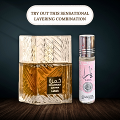 Khamrah Qahwa EDP 100ML by Lattafa & Yara Roll-On Perfume Oil CPO 10ML by Ard Al Zaafaran. (BUNDLE) - Intense Oud