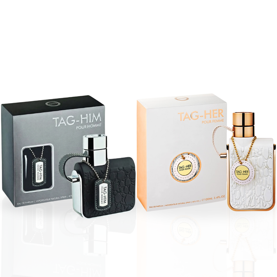 Bundle of Armaf Tag Him and Tag Her Eau de Parfum sprays, 100ml each, featuring stylish bottles for men and women.