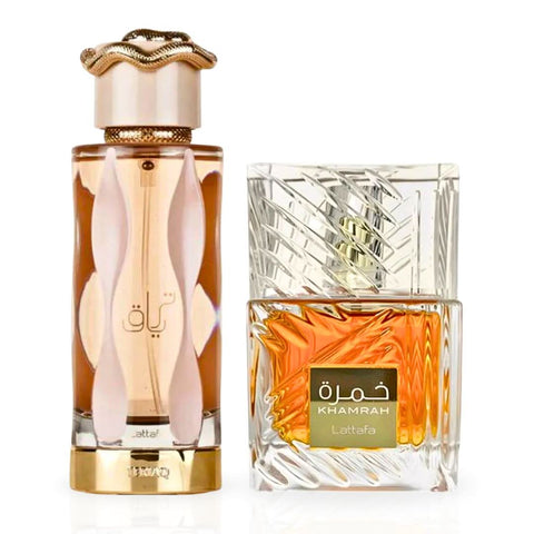 Lattafa Khamrah and Teriaq Eau de Parfum spray bundle, 100ml each, featuring elegant bottles with floral and spicy fragrance details.
