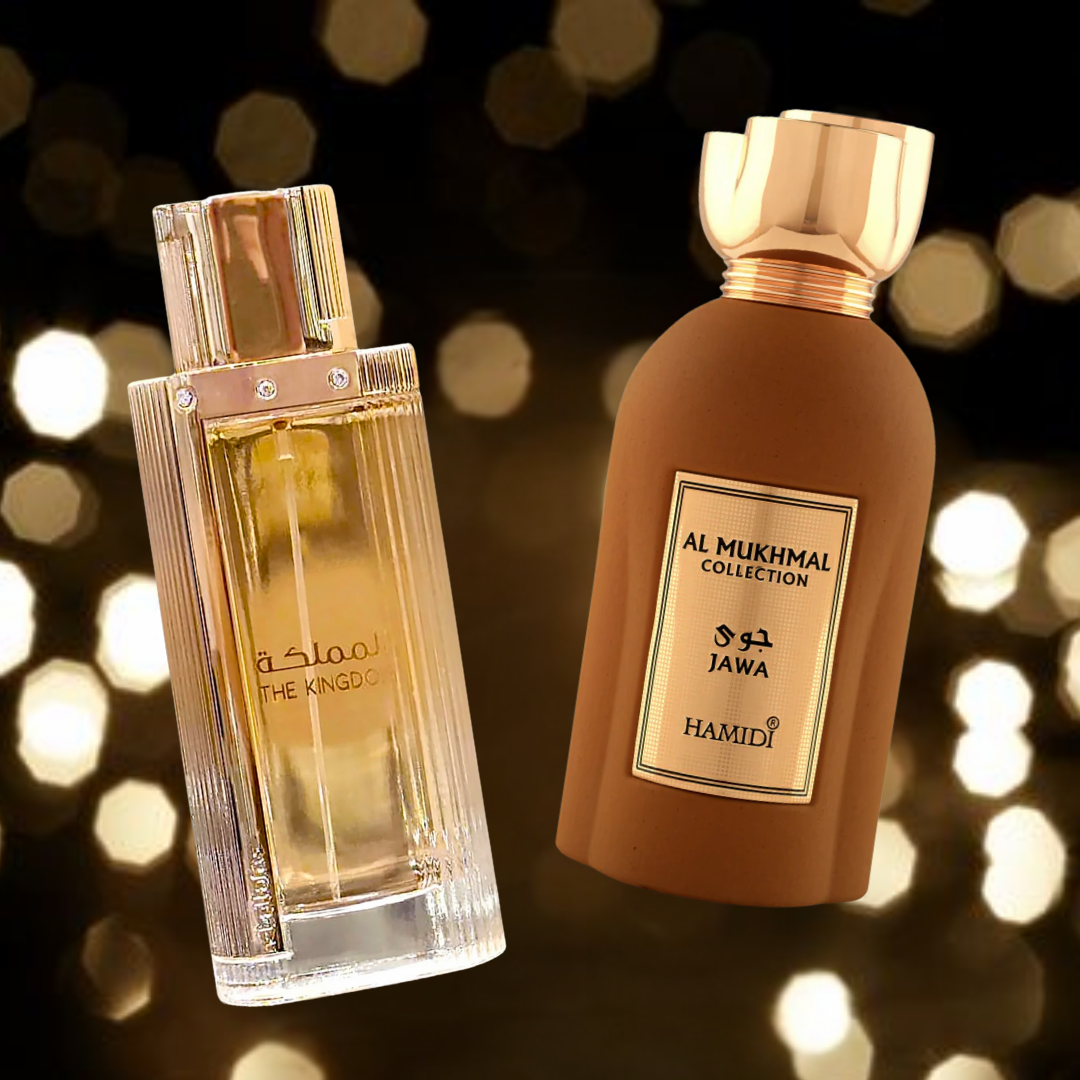 Bundle of Intense Oud women's Eau de Parfum sprays featuring The Kingdom for Women by Lattafa and Jawa by Hamidi, 100ml each.