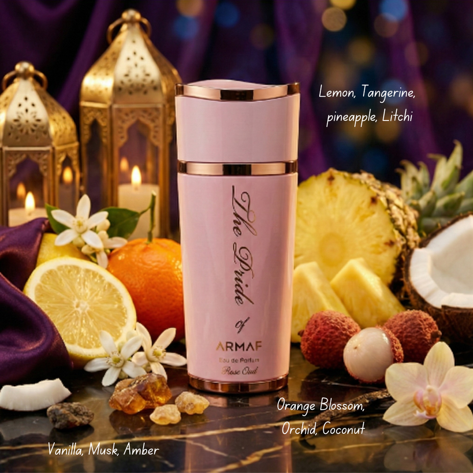 Armaf Pride of Rose Oud Femme Eau De Parfum spray bottle, 100ml, featuring elegant floral and oud fragrance design.