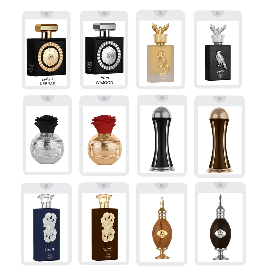 Set of 12 Lattafa Pride 20ML Eau De Parfum sprays, compact fragrance bottles from the Sample Collection, stylish and portable.