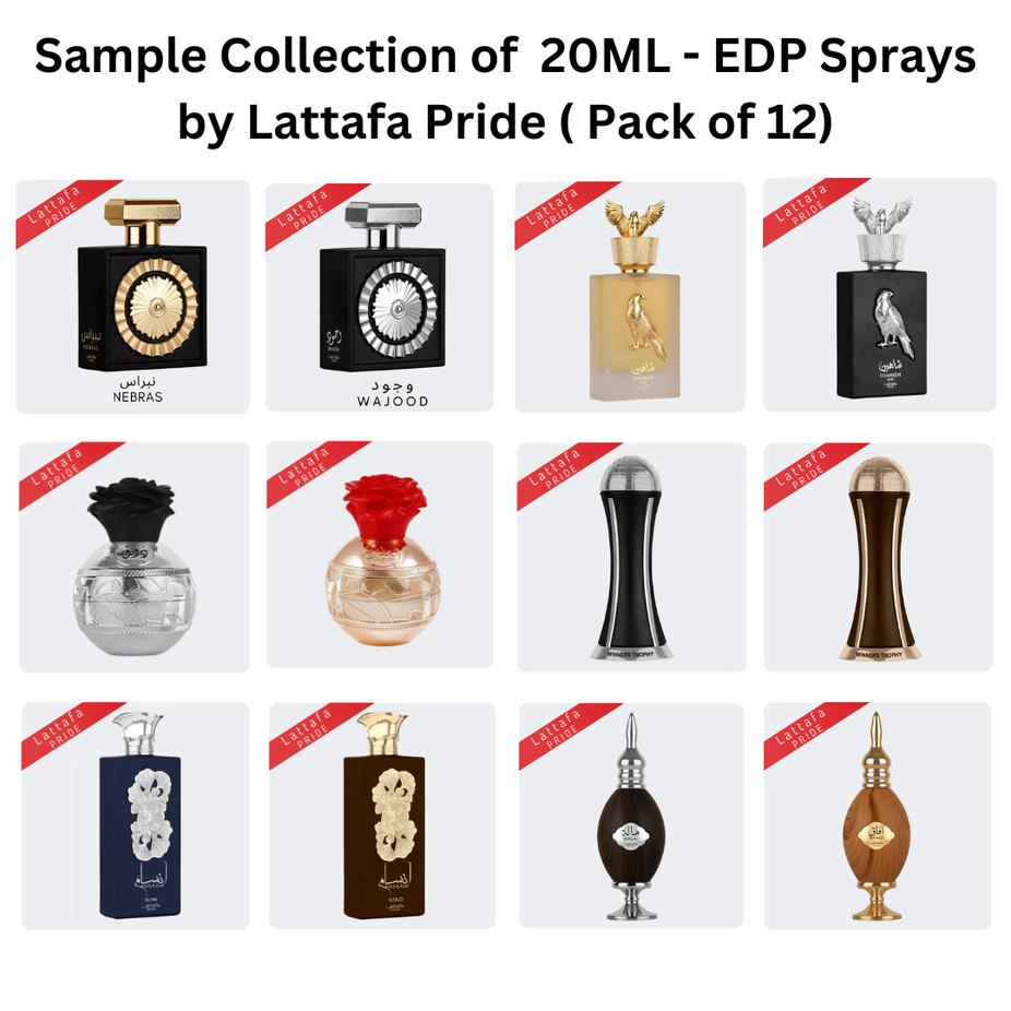 Set of 12 Lattafa Pride 20ML Eau De Parfum sprays, featuring a sample collection of various fragrances in small spray bottles.