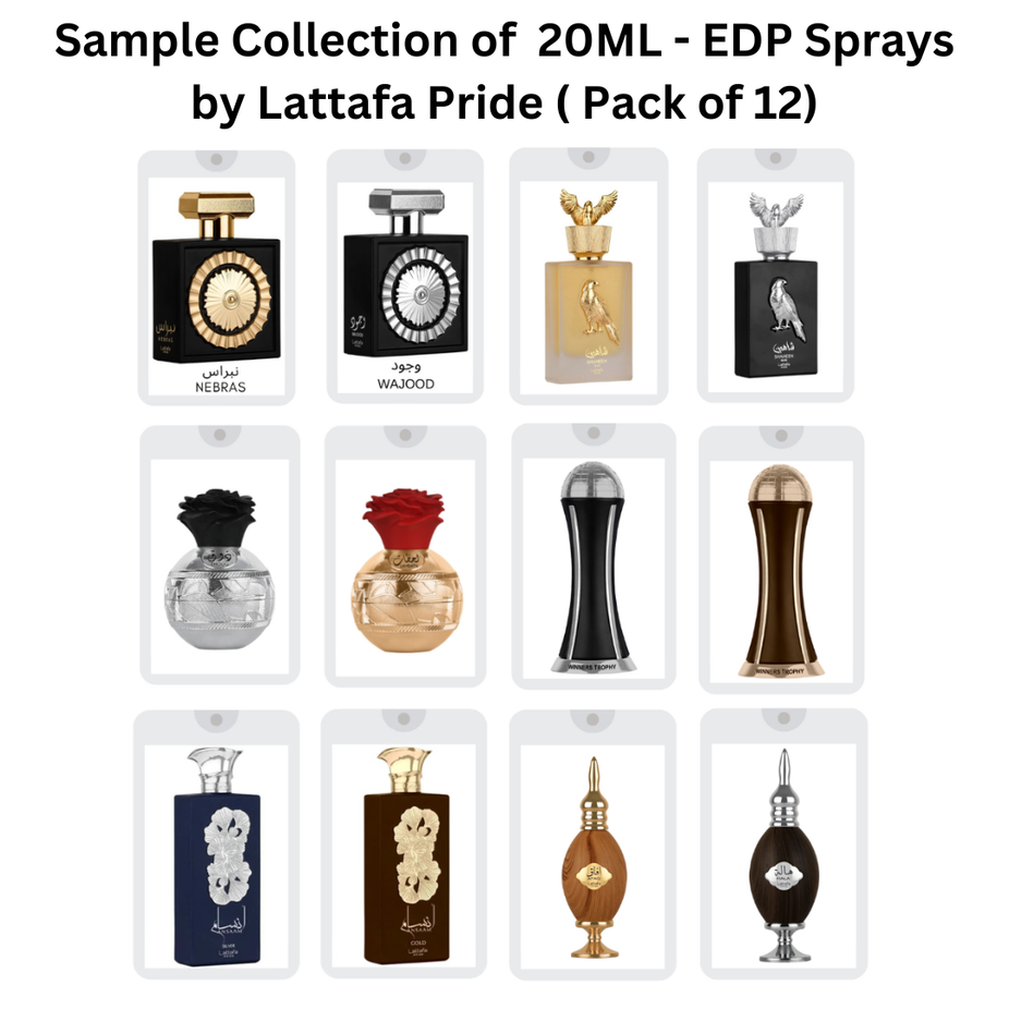 Set of 12 Lattafa Pride 20ML Eau De Parfum sprays, featuring diverse sample collection of fragrances in compact bottles.