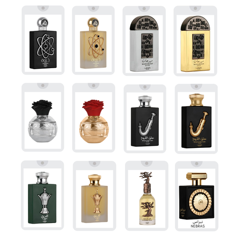 Set of 12 Lattafa Pride 20ML Eau De Parfum spray bottles from the Sample Collection, featuring various fragrances.