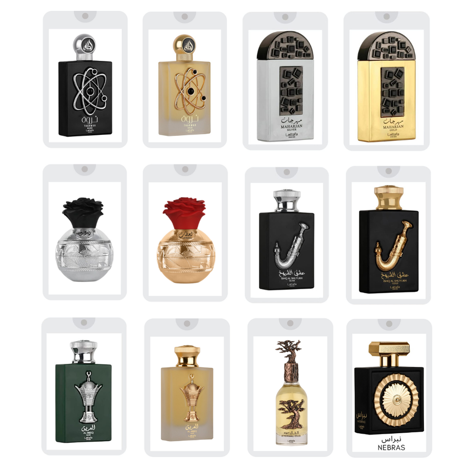 Set of 12 Lattafa Pride 20ml Eau De Parfum spray bottles from the Sample Collection, showcasing elegant perfume packaging.