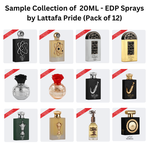 Set of 12 Lattafa Pride 20ml Eau de Parfum spray bottles from the Sample Collection, with elegant packaging and spray nozzles.