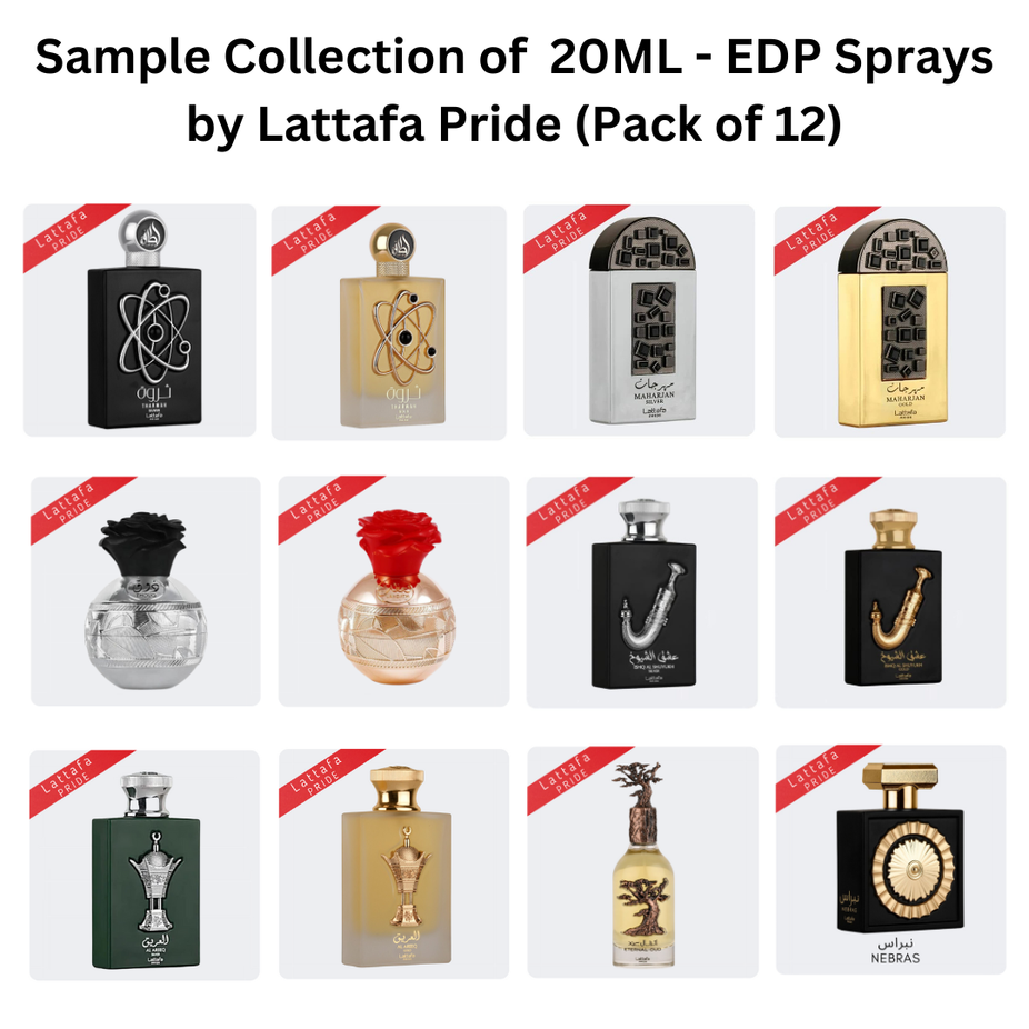 Set of 12 Lattafa Pride 20ml Eau De Parfum spray bottles from the Sample Collection, featuring a variety of fragrances.