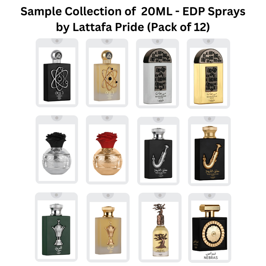 Set of 12 Lattafa Pride 20ML Eau de Parfum sprays, featuring a variety of Sample Collection scents in small 0.7 oz bottles.