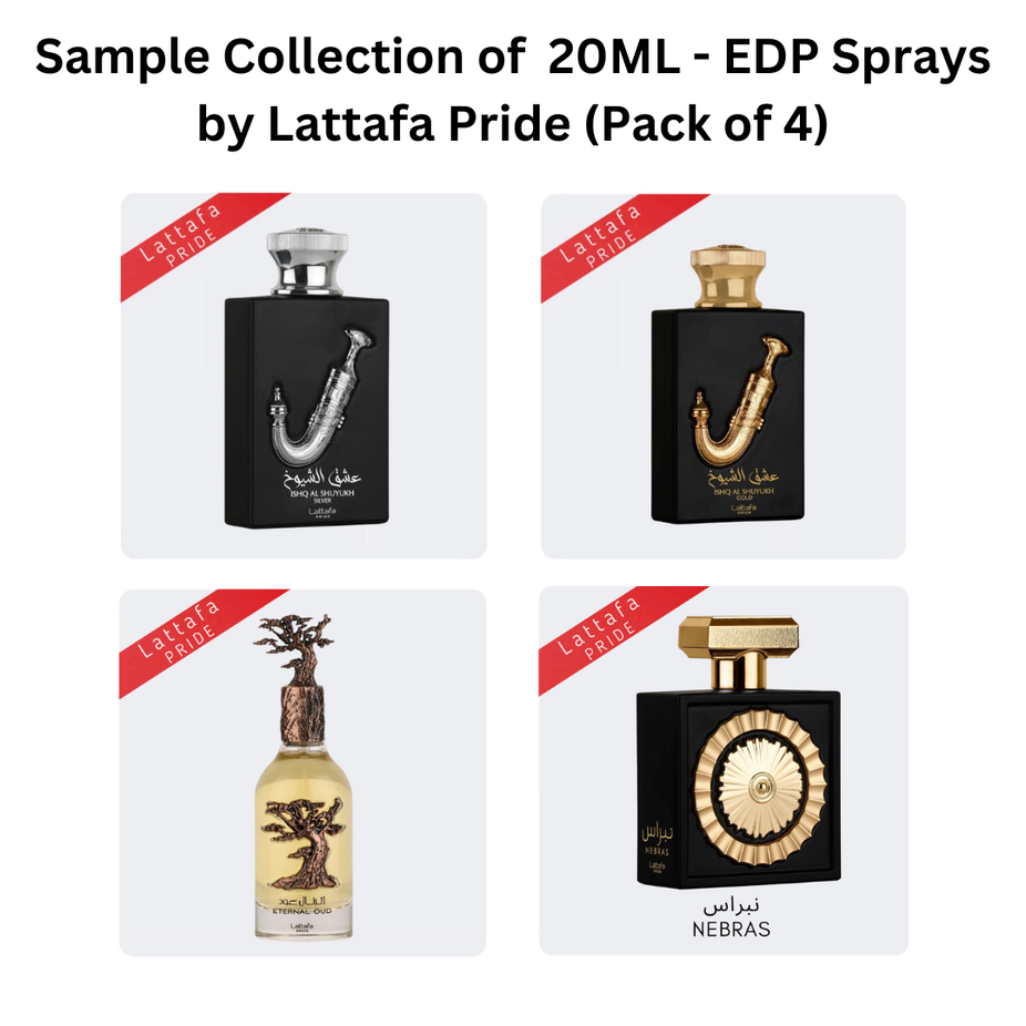 Set of four 20ML Lattafa Pride EDP sprays, showcasing elegant bottles of fragrance in a stylish sample collection.