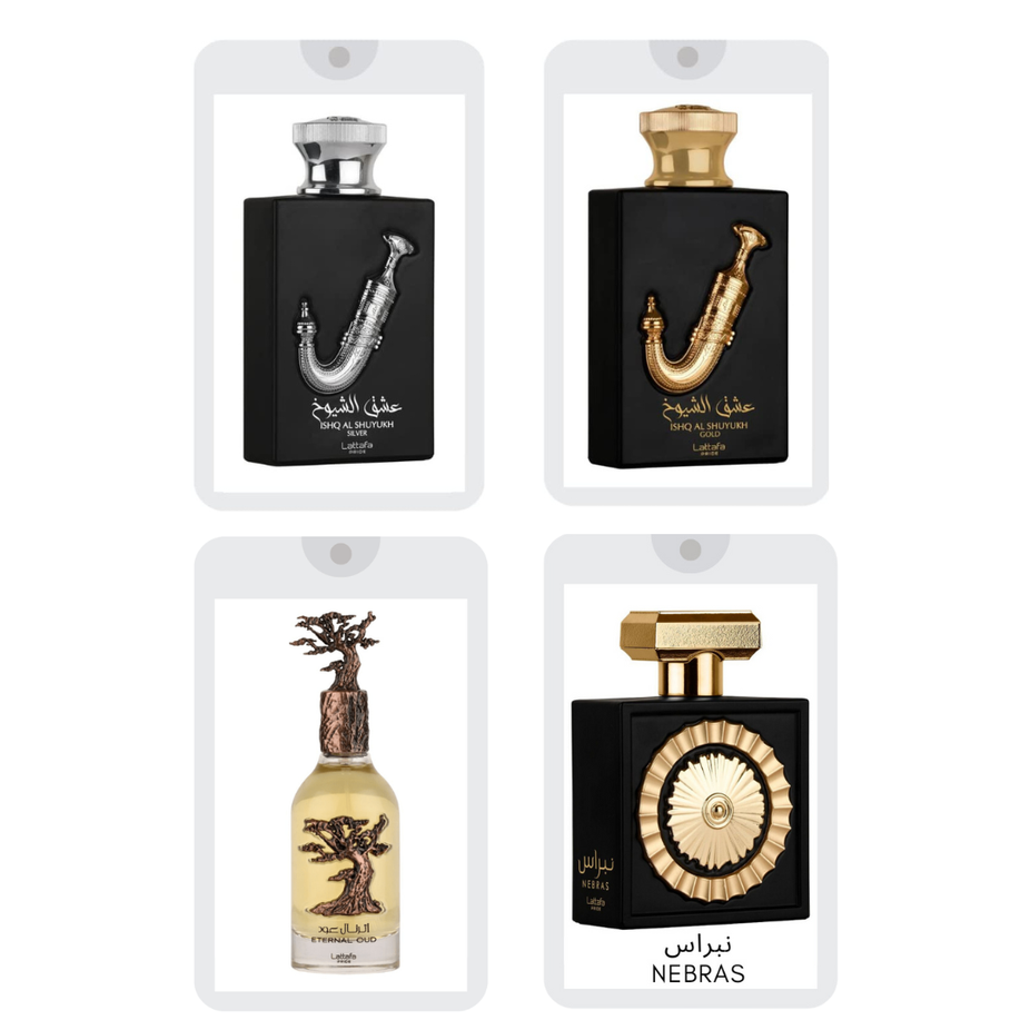 Set of four 20ml Lattafa Pride Eau De Parfum sprays, sample collection with elegant bottles and sleek packaging.