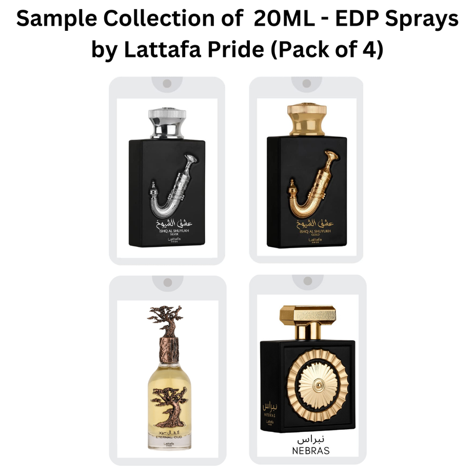 Set of four 20ml Lattafa Pride Eau De Parfum sprays in Sample Collection, showcasing sleek bottles and diverse fragrances.