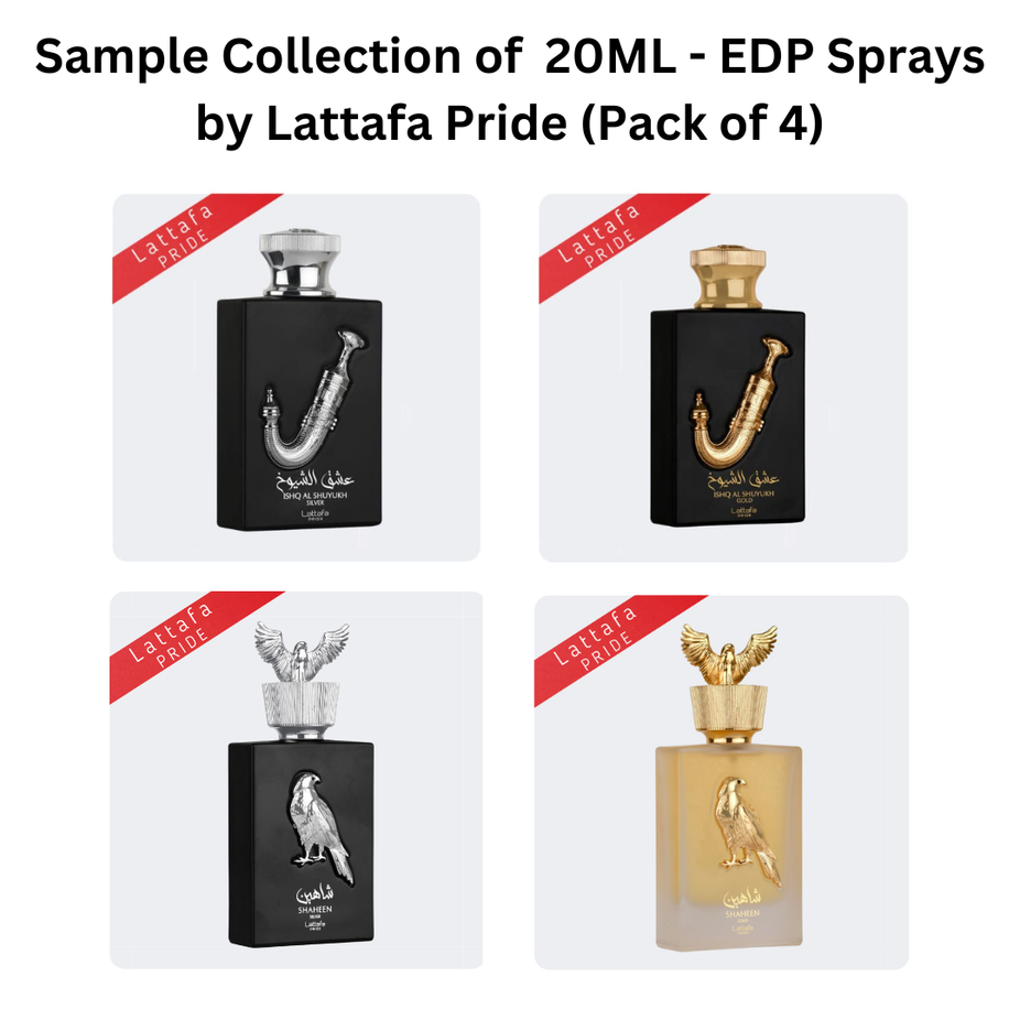 Set of four 20ml Lattafa Pride Eau De Parfum sprays, Sample Collection in sleek black packaging.