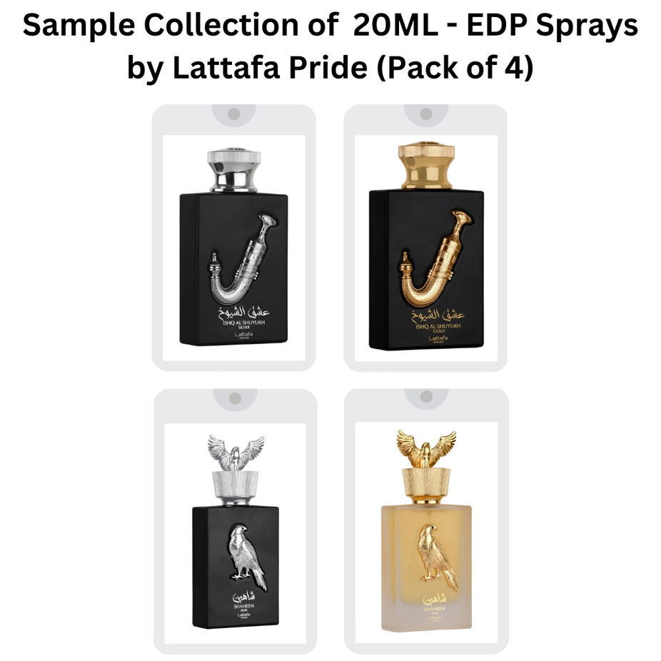Set of four 20ml Lattafa Pride Eau De Parfum sprays in Sample Collection, featuring various fragrances in sleek black bottles.
