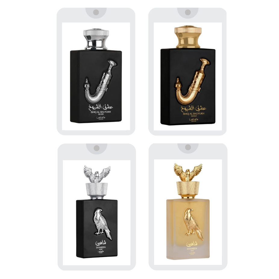 Set of four 20ml Lattafa Pride Eau De Parfum sprays in various scents, displayed together with elegant packaging.