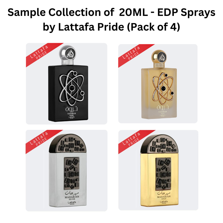 Set of four 20ML Lattafa Pride EDP Eau De Parfum spray bottles in a sample collection.