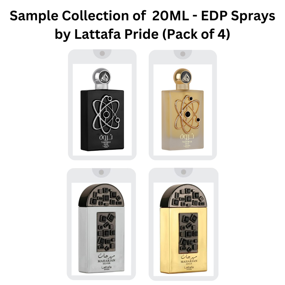 Set of four 20ml Lattafa Pride Eau De Parfum sprays in a sample collection, featuring elegant bottle designs.
