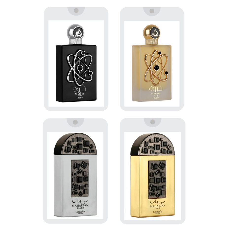 Set of four 20ml Lattafa Pride Eau De Parfum sprays featuring various sample scents in sleek bottles.