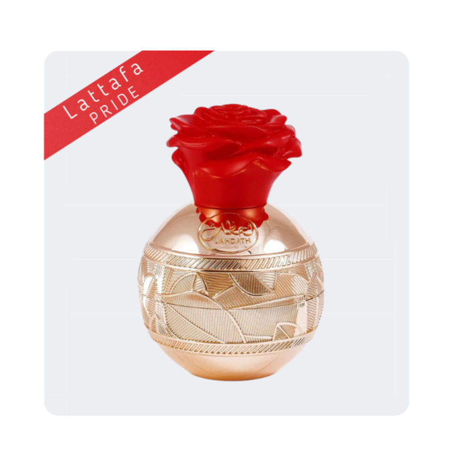 Lattafa Pride Lahdath EDP spray, 20ml travel size unisex perfume with elegant bottle and stylish packaging.
