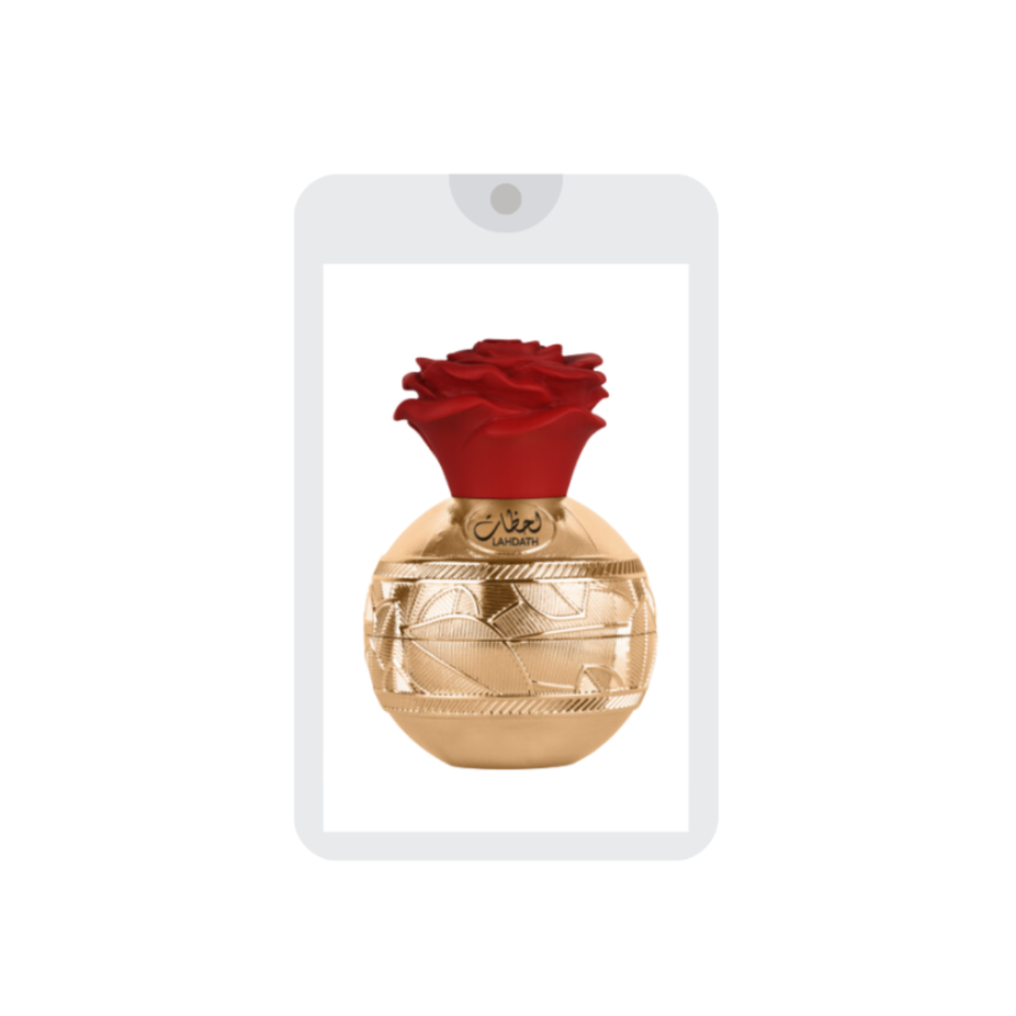 Lattafa Pride Lahdath EDP spray in 20ML travel size, unisex perfume bottle with a sleek design, suitable for men and women