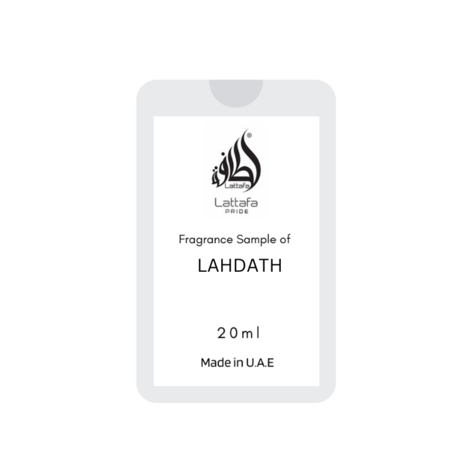 Lattafa Pride Lahdath EDP spray, 20ml travel size, unisex perfume with floral and citrus notes, suitable for men and women.