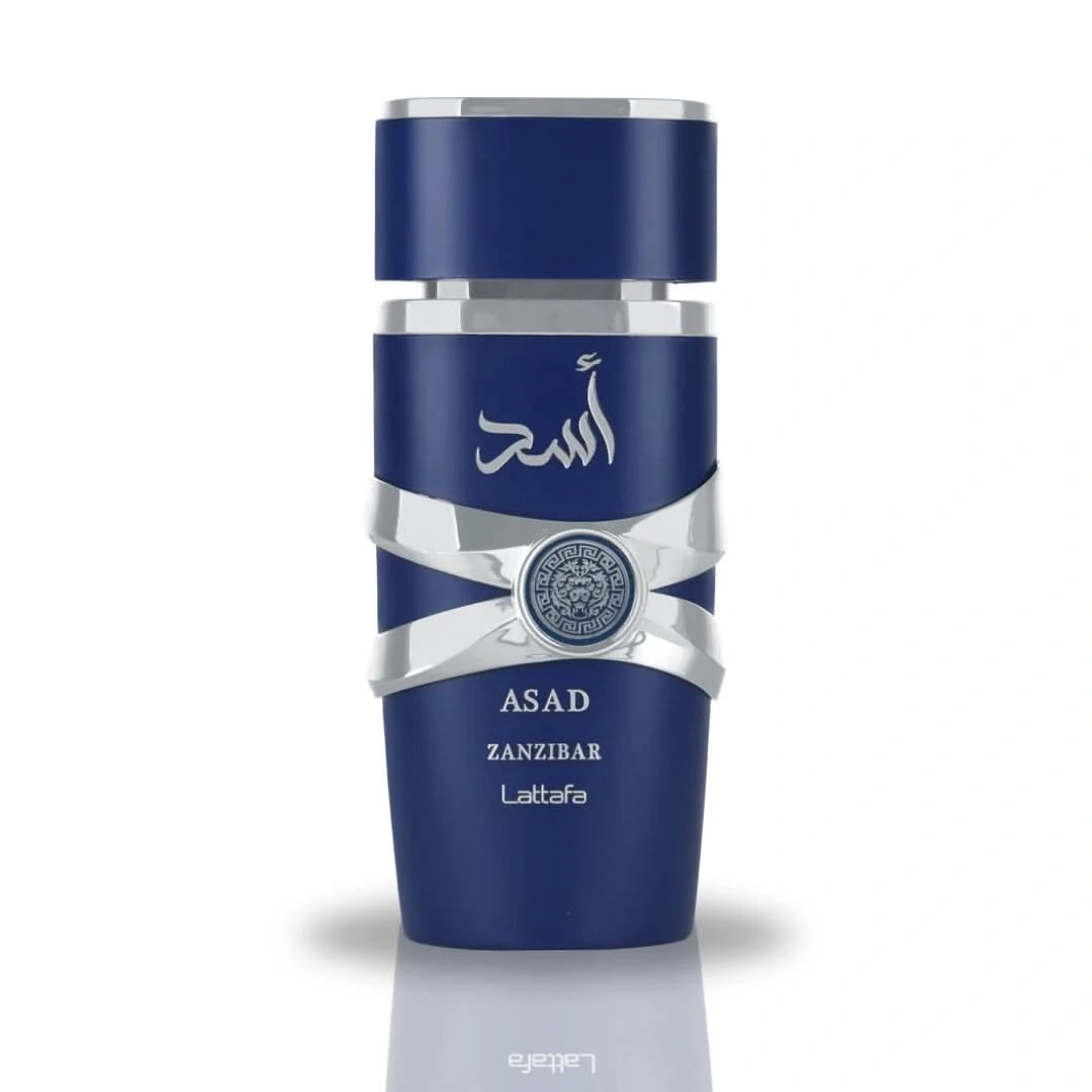 Lattafa Asad Zanzibar Eau de Parfum spray with top notes of black pepper and sea lavender in a 100ml bottle.