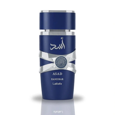 Lattafa Asad Zanzibar Eau de Parfum spray with top notes of black pepper and sea lavender in a 100ml bottle.